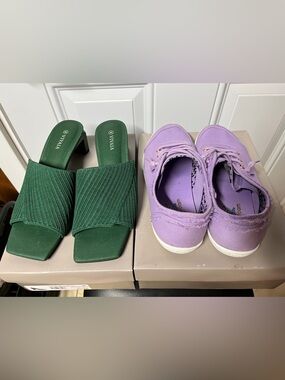 2 pairs green VIVAIA mules sz 38(7.5)/BOBS Lavender Slip-On Shoe Sz 7